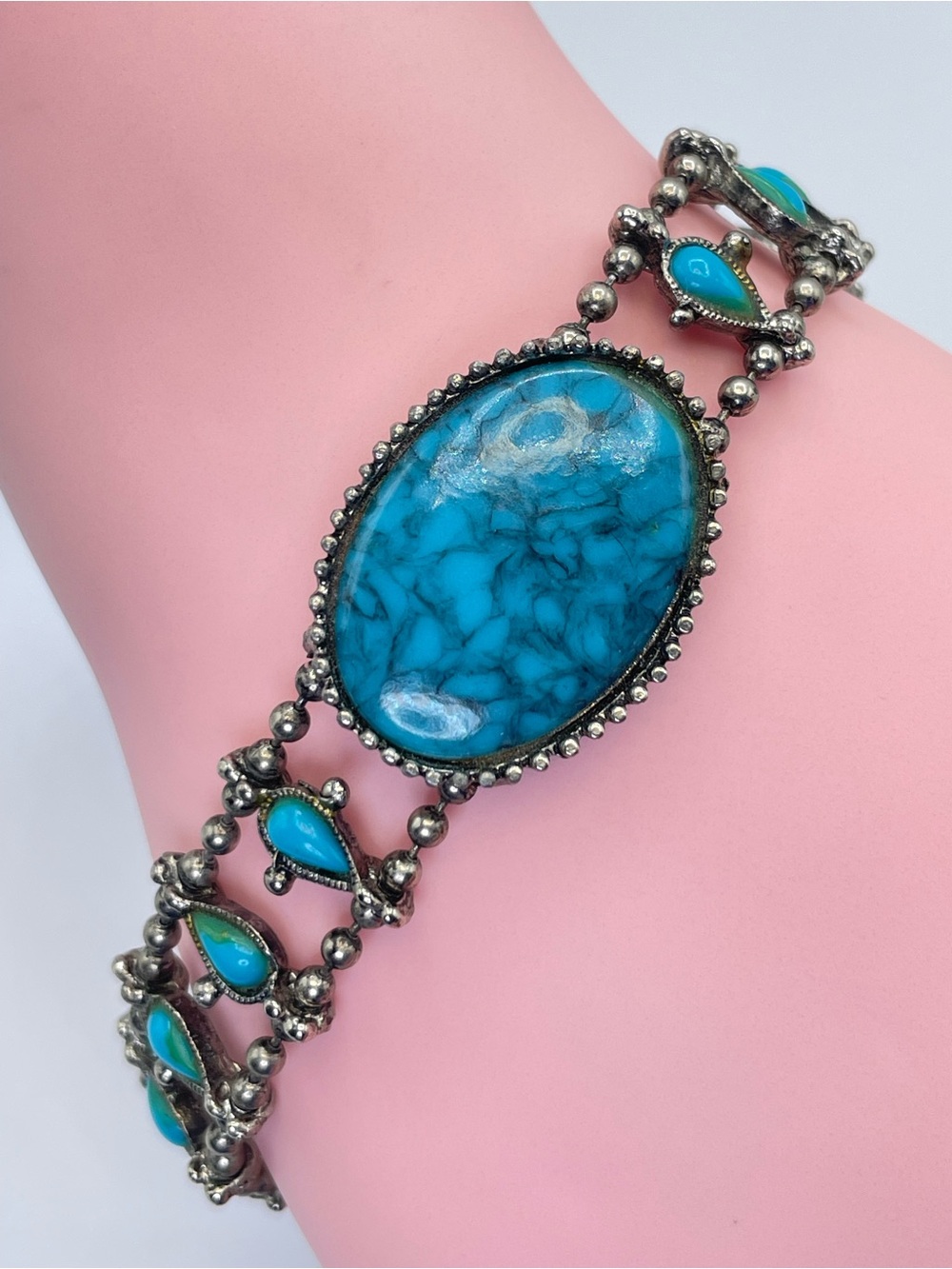 Vintage Southwestern Faux Turquoise Squash Blossom Bracelet Silver Tone